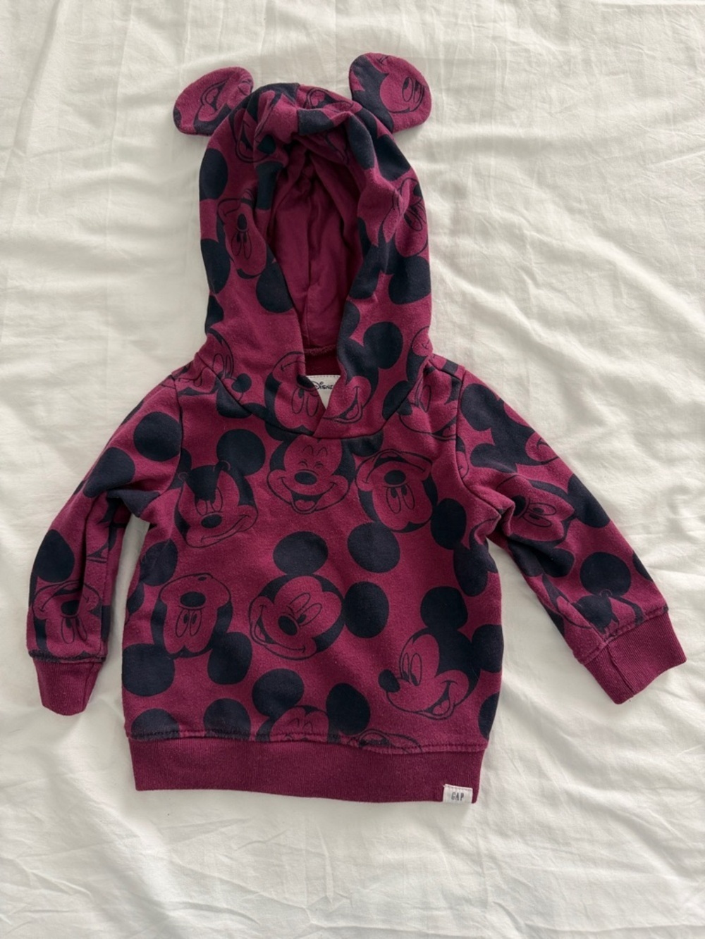 GAP Maroon Hooded Sweatshirt with Navy Mickey Print and Ear Hood baby 6 months